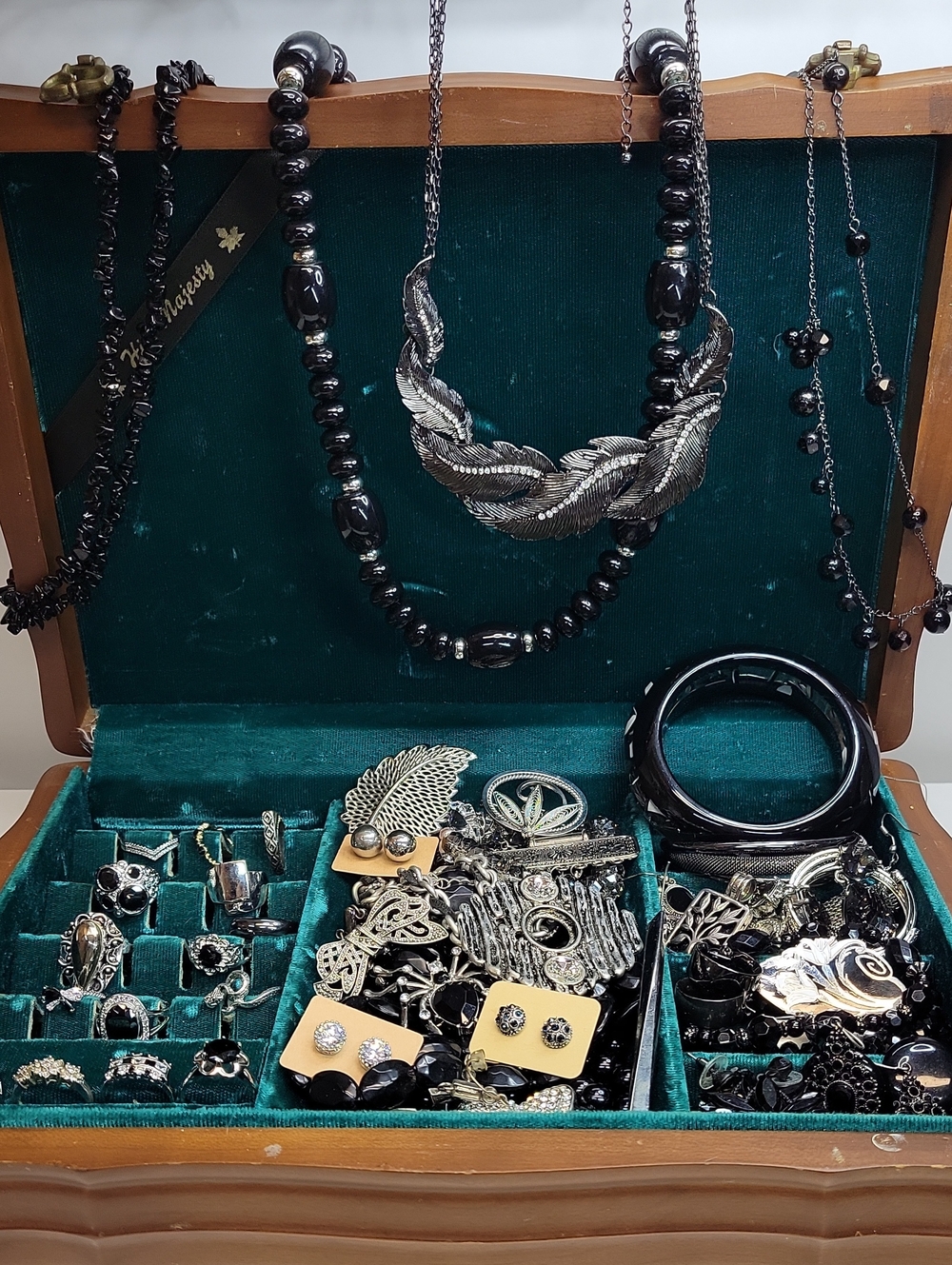 Vintage Wooden Jewelry Box With Black and Silver Jewelry